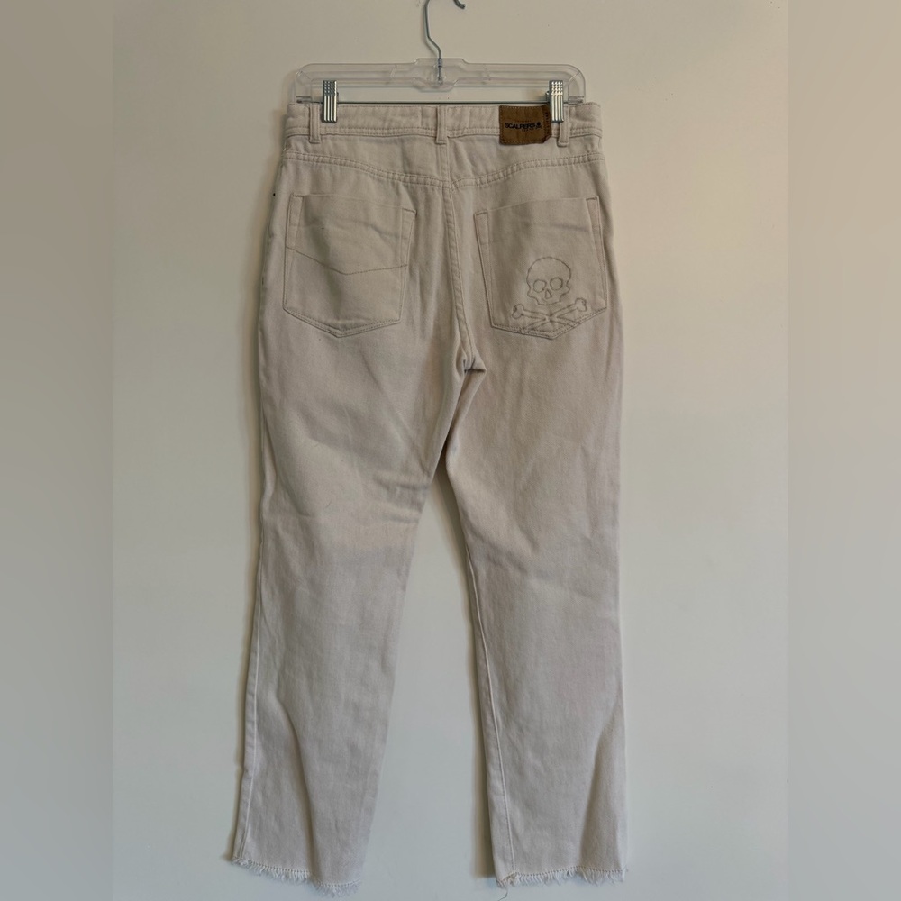 Scalpers Women’s Light Beige Skull Embroidered Jeans
